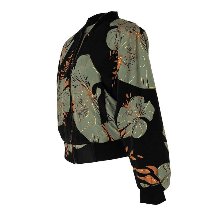 Arena Formentera chaqueta bomber bohemia en New Saari con estampado botánico verde y negro para mujer y teen