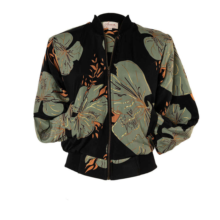 Arena Formentera chaqueta bomber bohemia en New Saari con estampado botánico verde y negro para mujer y teen