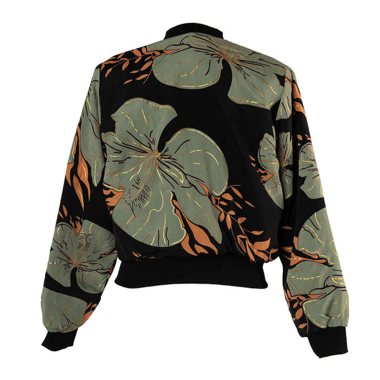 Arena Formentera chaqueta bomber bohemia en New Saari con estampado botánico verde y negro para mujer y teen