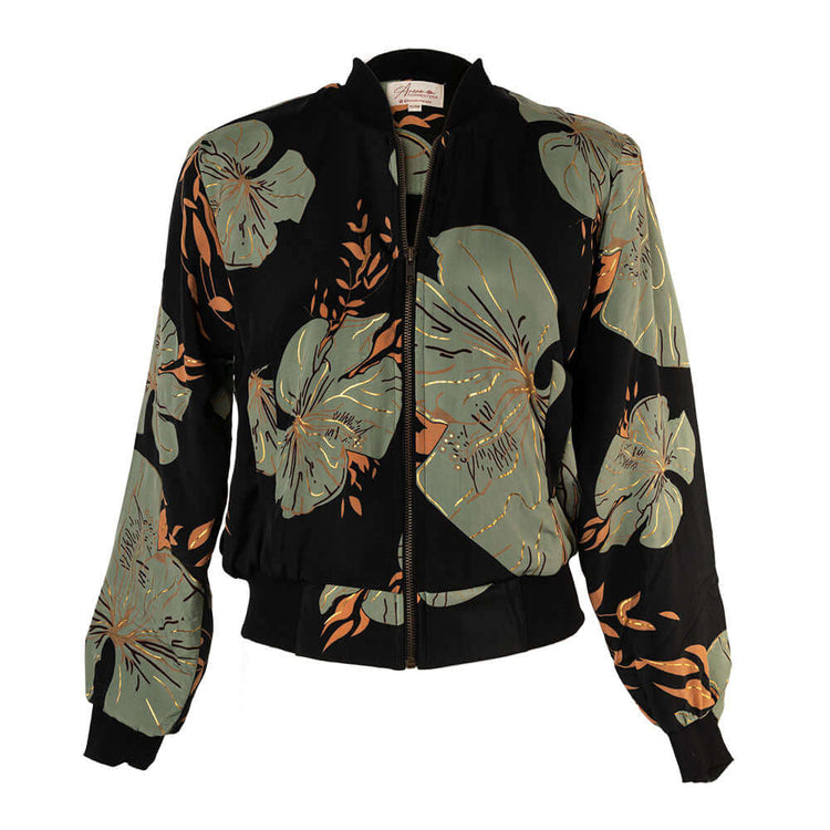 Arena Formentera chaqueta bomber bohemia en New Saari con estampado botánico verde y negro para mujer y teen