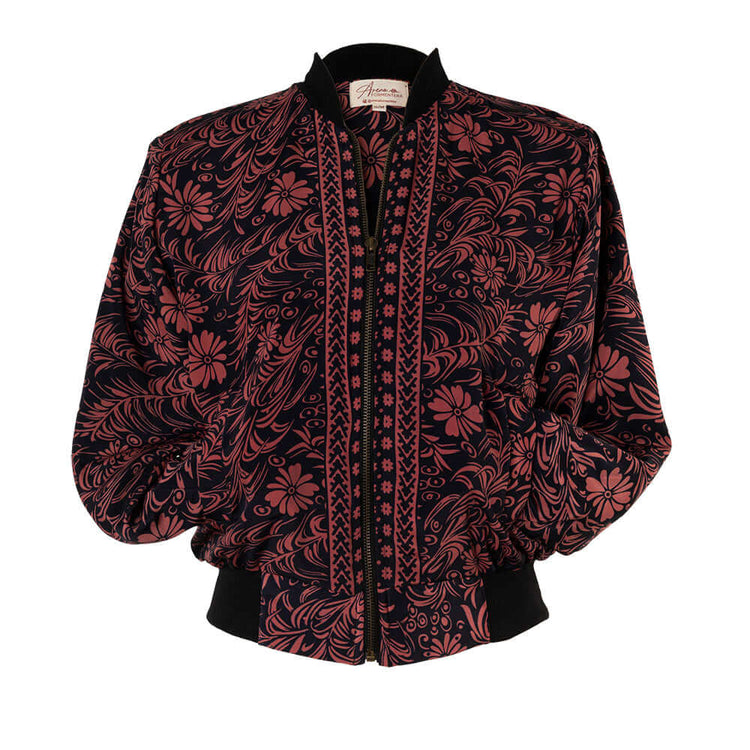 Arena Formentera chaqueta bomber bohemia en New Saari con estampado floral inspirado en tonos otoñales para mujer y teen