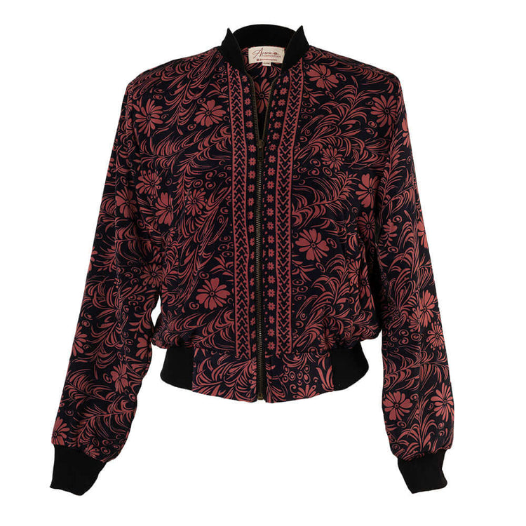 Arena Formentera chaqueta bomber bohemia en New Saari con estampado floral inspirado en tonos otoñales para mujer y teen