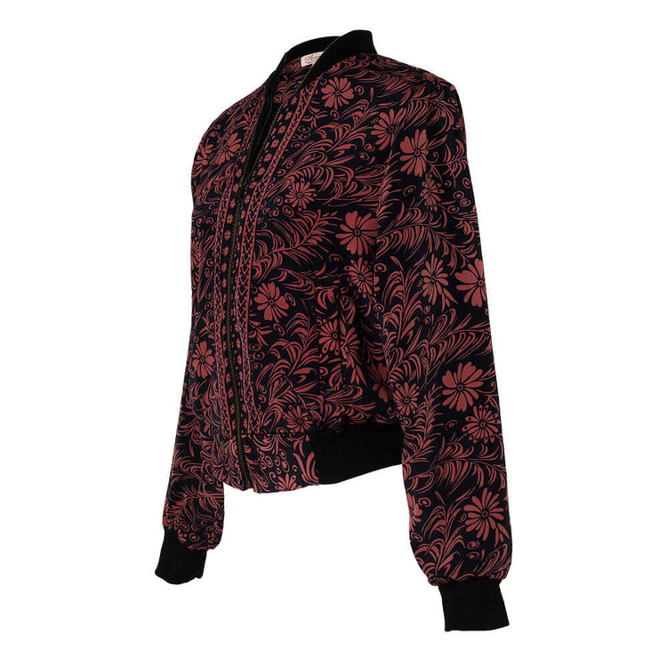 Arena Formentera chaqueta bomber bohemia en New Saari con estampado floral inspirado en tonos otoñales para mujer y teen