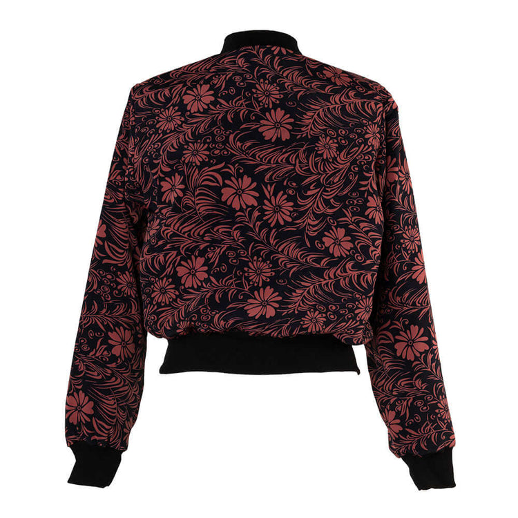 Arena Formentera chaqueta bomber bohemia en New Saari con estampado floral inspirado en tonos otoñales para mujer y teen