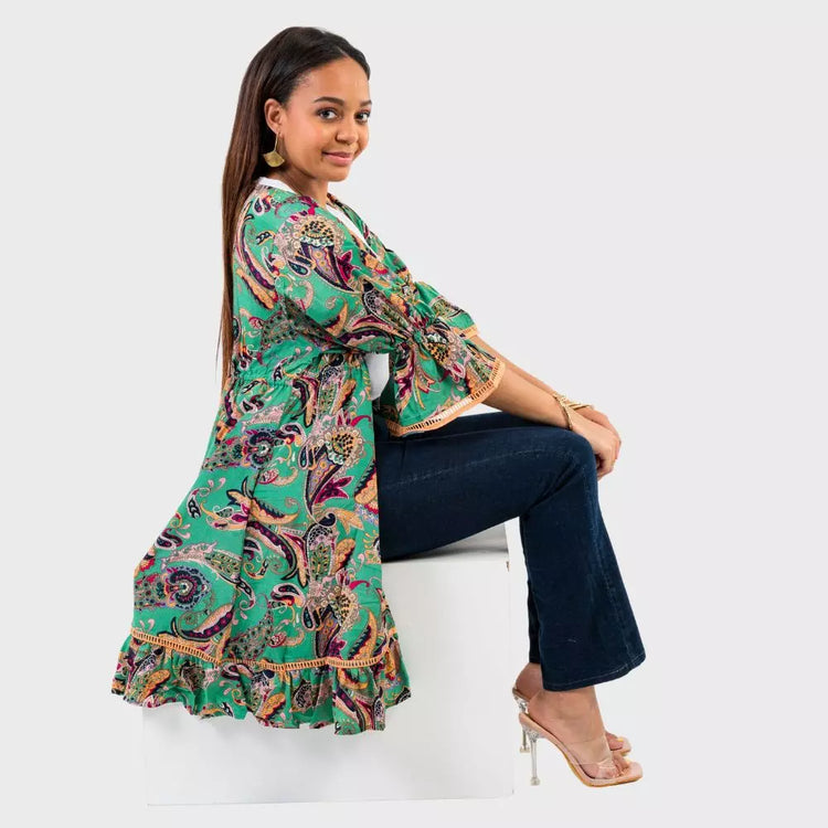 kimono bohemio, kimono mujer verano, kimono new saari, kimono seda india, kimono ligero con volantes, kimono oversize, kimono desabillé, kimono casual chic, kimono playa, kimono elegante mujer