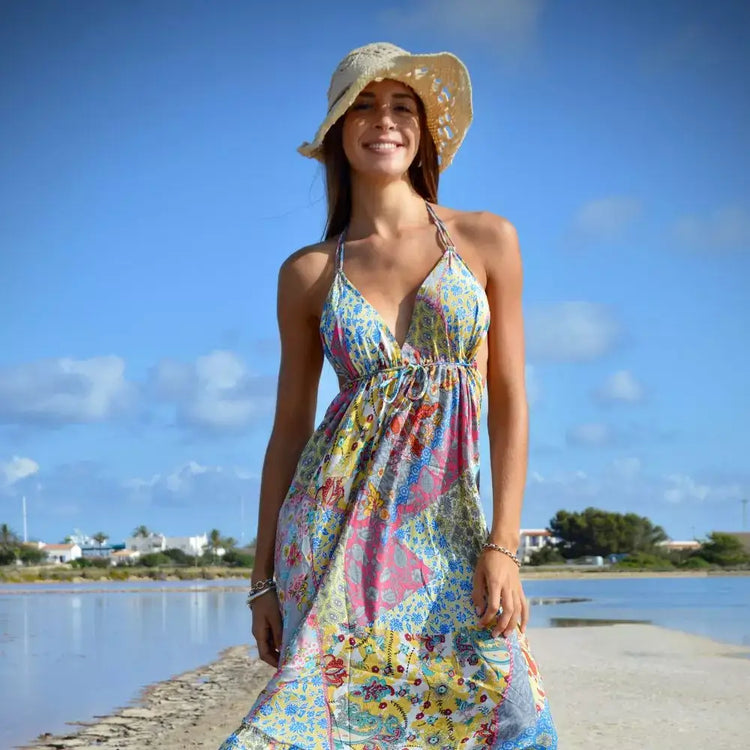 vestido largo, vestido bohemio mujer Arena Formentera, vestido tiras ajustables, vestido verano boho chic, vestido playa largo