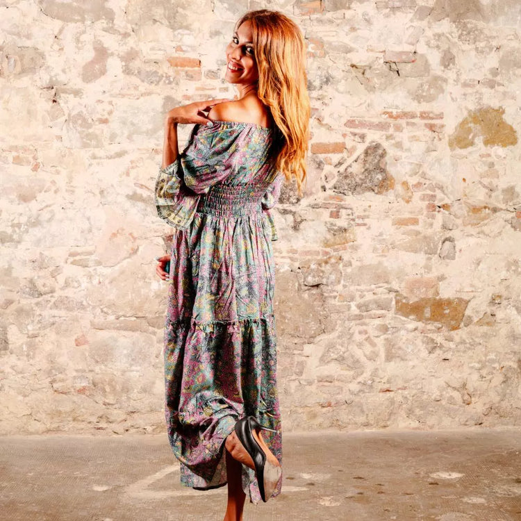 Arena Formentera vestido largo bohemio en rayón suave con estampado floral multicolor y hombros descubiertos para mujer