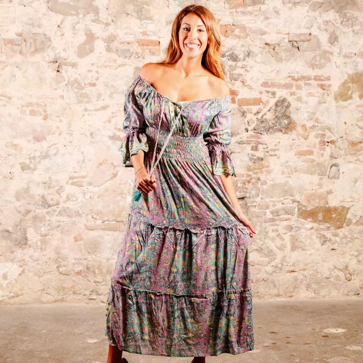 Arena Formentera vestido largo bohemio en rayón suave con estampado floral multicolor y hombros descubiertos para mujer