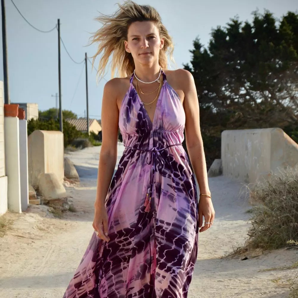 vestido bohemio largo con escote en la espalda mujer arena formentera