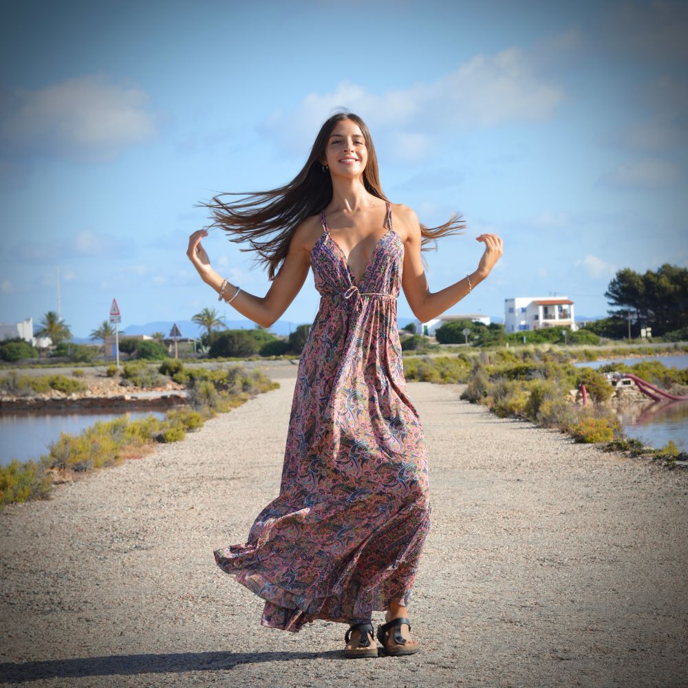 vestido largo bohemio con voladoy escote en espalda mujer