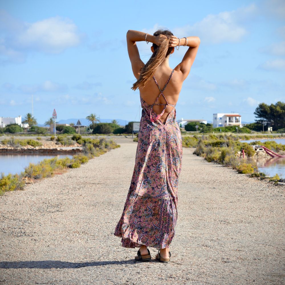 vestido largo bohemio con voladoy escote en espalda mujer