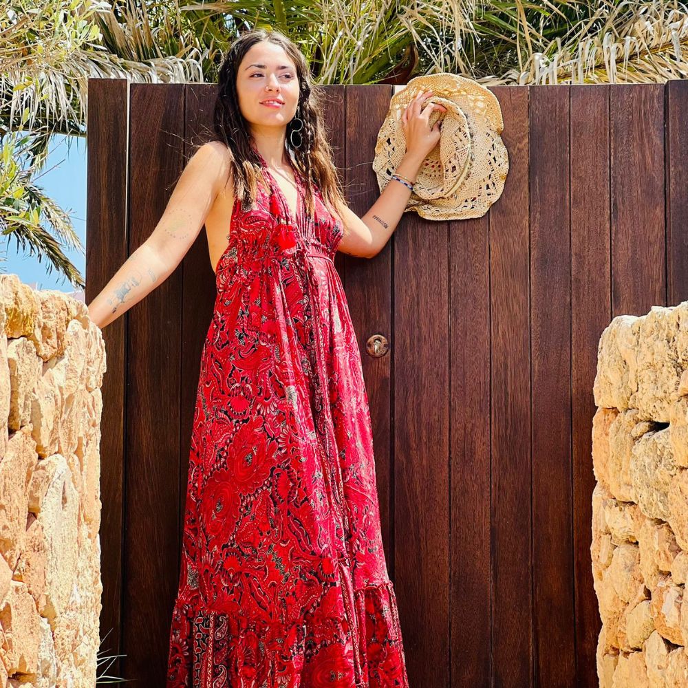 vestido largo bohemio con voladoy escote en espalda mujer