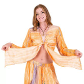 set mili sunset tie dye, conjunto bohemio mujer, conjunto falda larga abertura, top anudado manga larga, ropa bohemia tie dye, new saari, conjunto festival verano, moda boho chic, ropa de playa vibrante, arena formentera