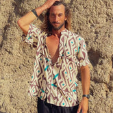 camisa hombre tribal, camisa rayón estampada, camisa bohemia hombre, camisa ligera verano, camisa cuello mao hombre, camisa Amazon Arena Formentera.