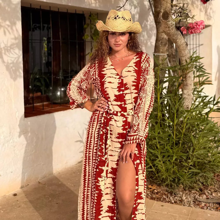 camisero vestido algodón largo bohemio mujer arena formentera