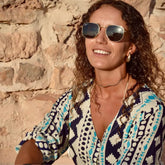 Arena Formentera vestido - camisero  largo bohemio en rayón ligero con estampado étnico azul y negro para mujer