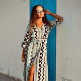 Arena Formentera vestido - camisero largo bohemio en rayón ligero con estampado étnico azul y negro para mujer
