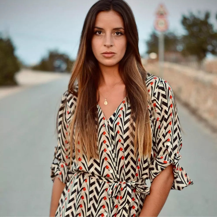 Arena Formentera vestido largo bohemio en rayón ligero con estampado geométrico para mujer