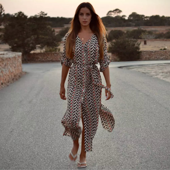 Arena Formentera vestido largo bohemio en rayón ligero con estampado geométrico para mujer