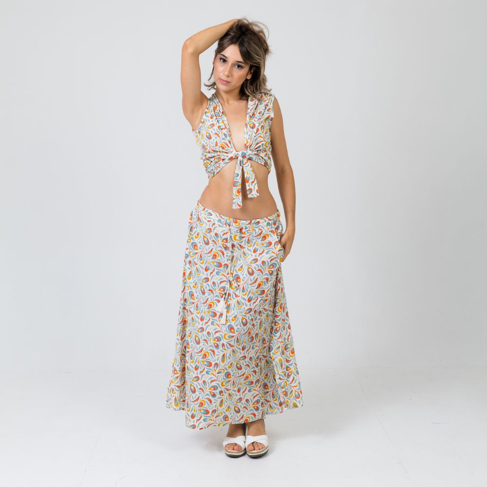 conjunto top con capucha y falda bohemio arena formentera