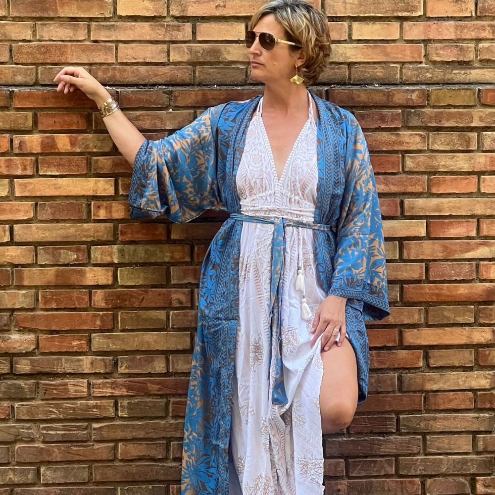 kimono imitación seda  largo de mujer arena formentera 