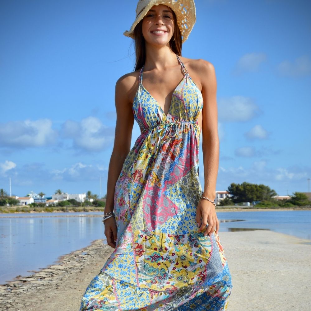 vestido largo bohemio con voladoy escote en espalda mujer