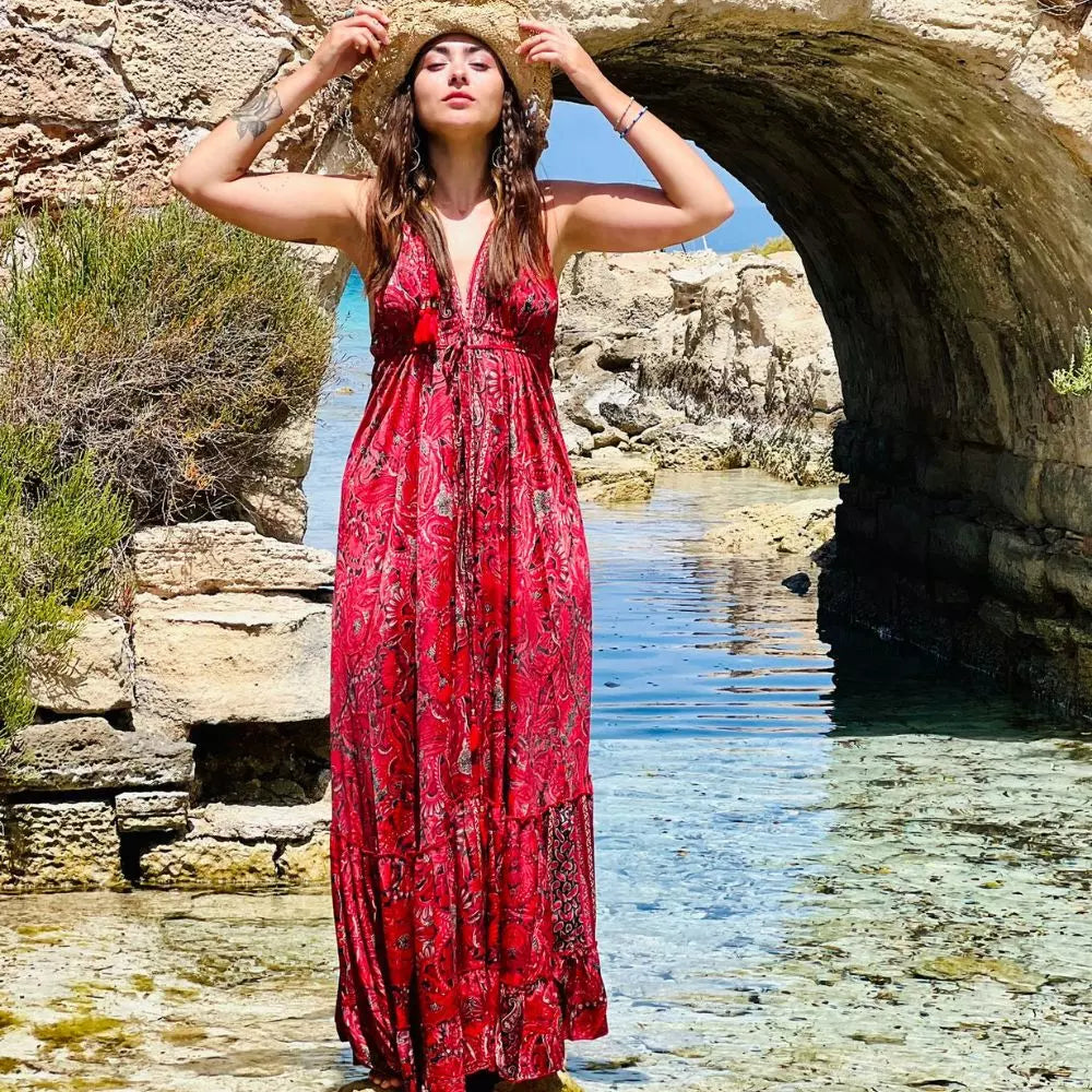 vestido largo bohemio con voladoy escote en espalda mujer