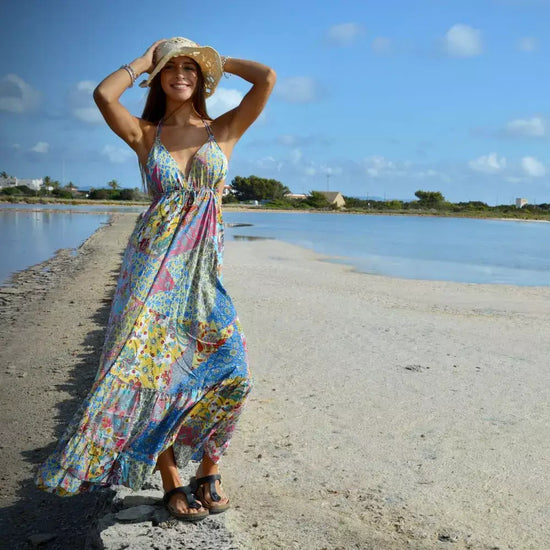 vestido largo, vestido bohemio mujer Arena Formentera, vestido tiras ajustables, vestido verano boho chic, vestido playa largo
