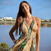 vestido Uma, vestido largo amarillo, vestido bohemio Arena Formentera, vestido Kharma Arena Formentera, vestido de tiras ajustables, vestido verano mujer, vestido playa elegante, vestido talla única, vestido fluido amarillo, vestido estampado artesanal, vestido New Saari, vestido inspirado en seda india, vestido versátil de verano, vestido ligero y fresco, vestido boho chic mujer, vestido playa bohemio, vestido largo patchwork, vestido bohemio mujer, vestido verano boho chic, vestido playa largo, vestido fl