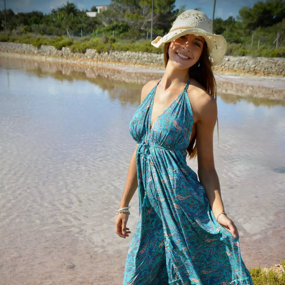 vestido largo bohemio con voladoy escote en espalda mujer