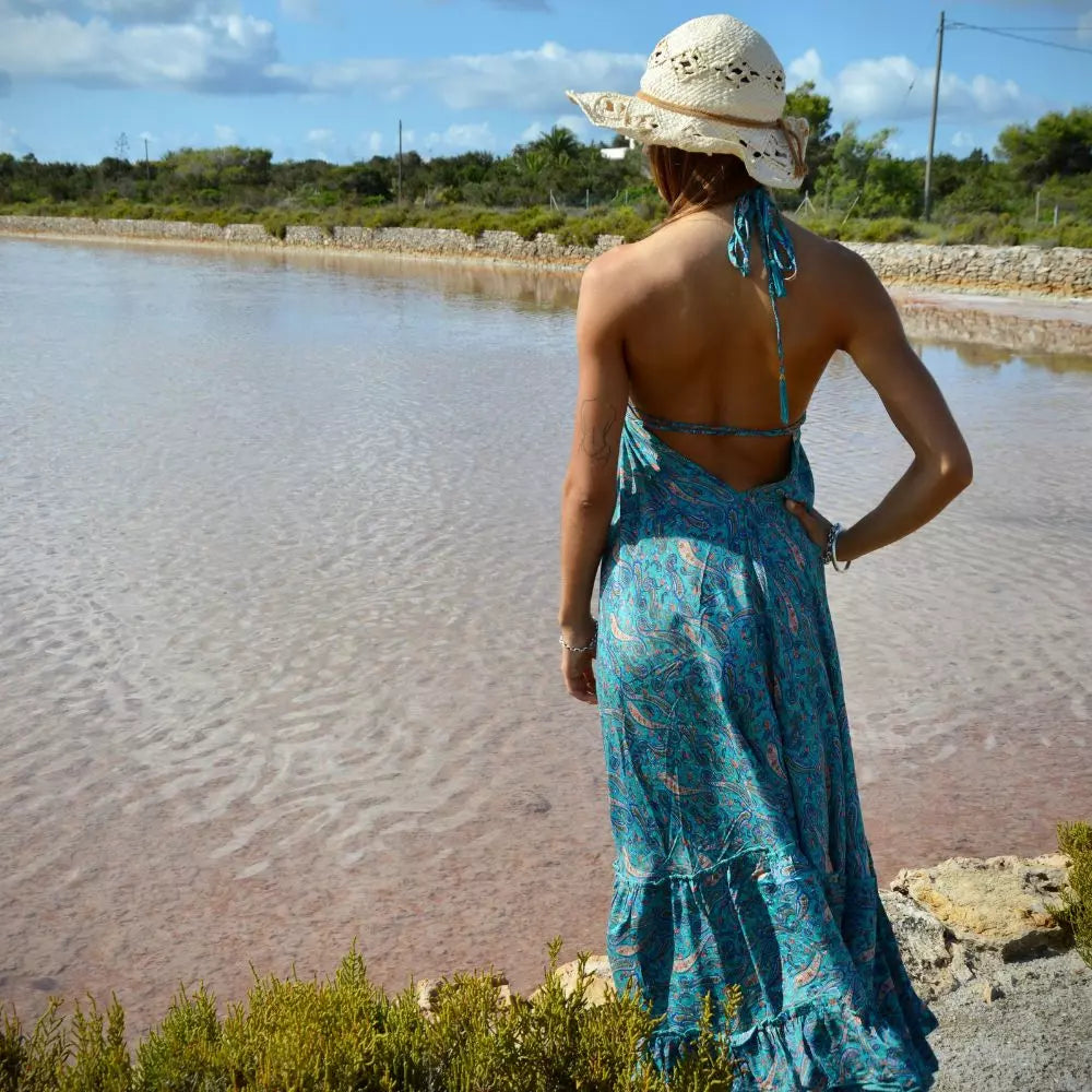 vestido largo bohemio con voladoy escote en espalda mujer