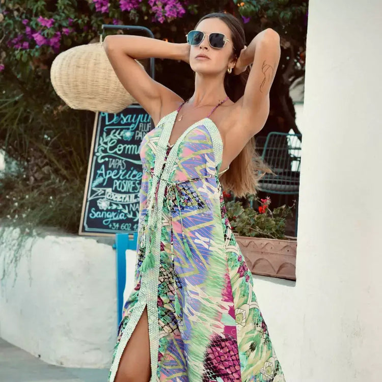 vestido lentejuela bohemio mujer arena formentera