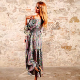 Arena Formentera vestido largo bohemio en rayón suave con estampado floral multicolor y hombros descubiertos para mujer