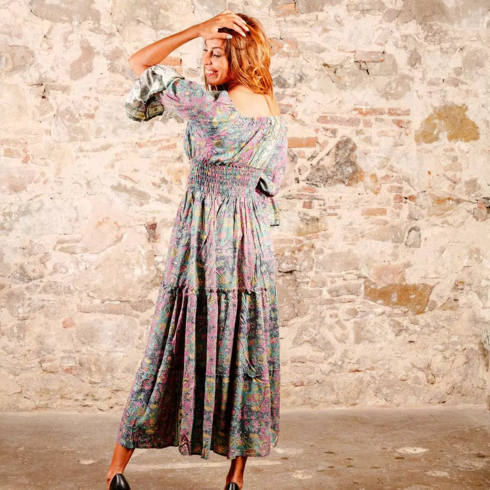 Arena Formentera vestido largo bohemio en rayón suave con estampado floral multicolor y hombros descubiertos para mujer