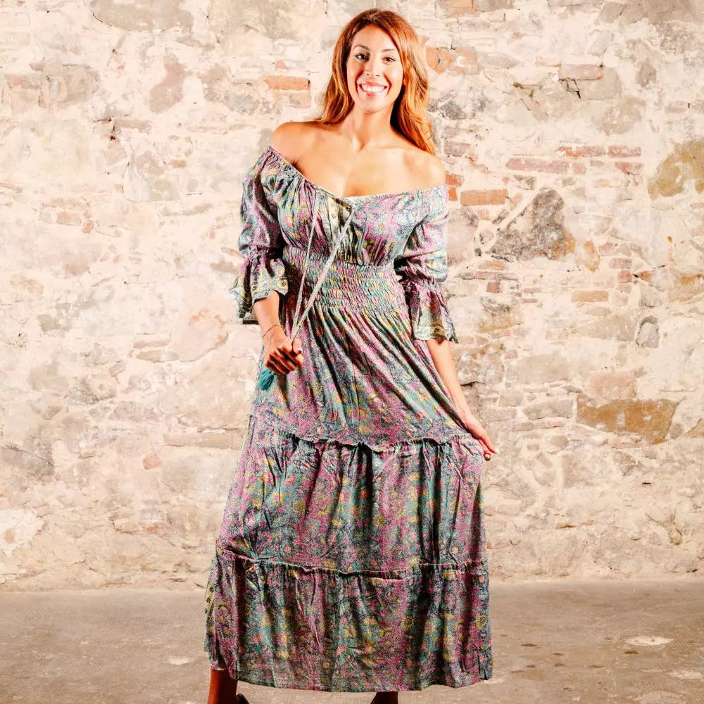 Arena Formentera vestido largo bohemio en rayón suave con estampado floral multicolor y hombros descubiertos para mujer