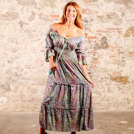 Arena Formentera vestido largo bohemio en rayón suave con estampado floral multicolor y hombros descubiertos para mujer