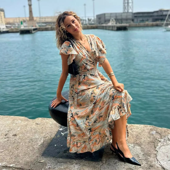 vestido largo de verano, vestido cruzado con volantes, vestido bohemio estampado, vestido pastel de mujer.