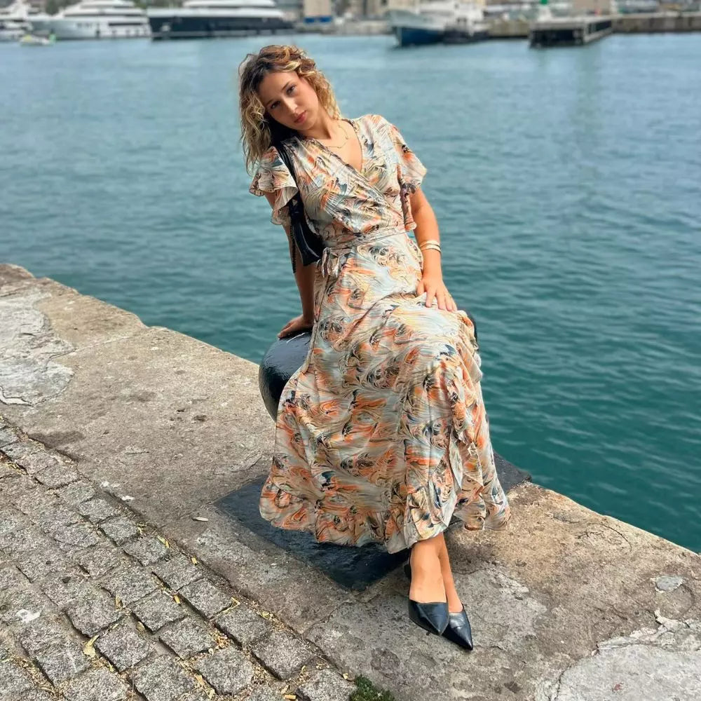 vestido largo de verano, vestido cruzado con volantes, vestido bohemio estampado, vestido pastel de mujer.