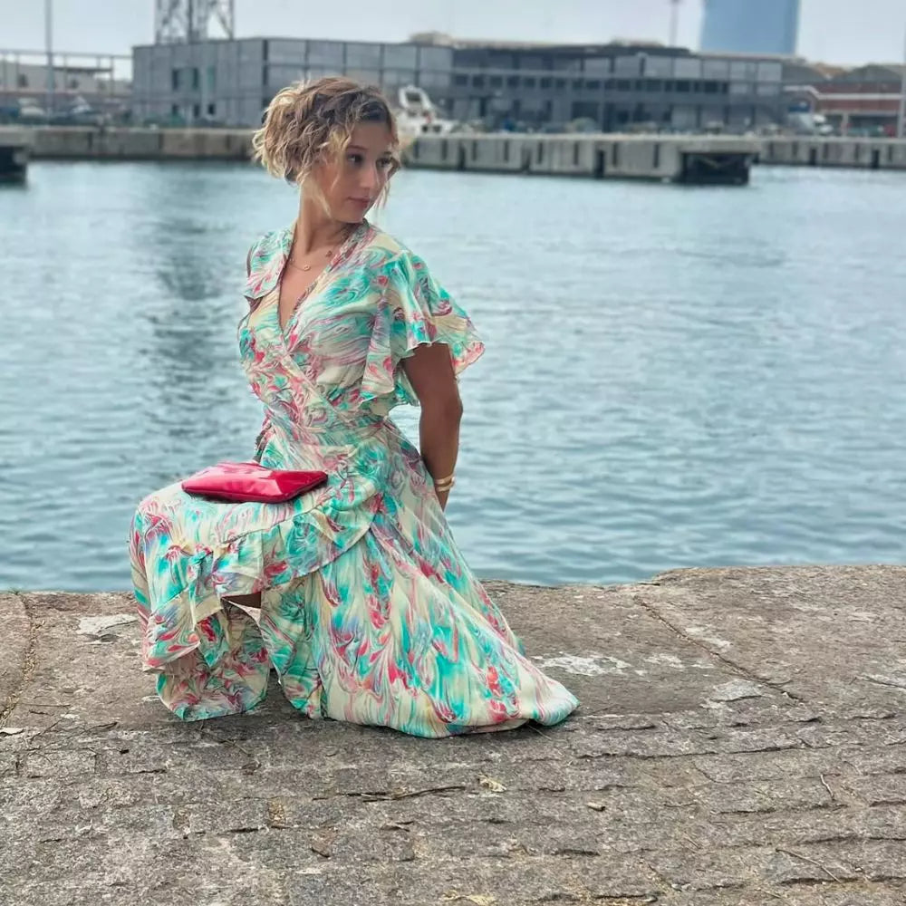 vestido largo de verano, vestido cruzado con volantes, vestido bohemio estampado, vestido pastel de mujer.
