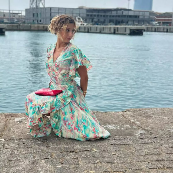 vestido largo de verano, vestido cruzado con volantes, vestido bohemio estampado, vestido pastel de mujer.