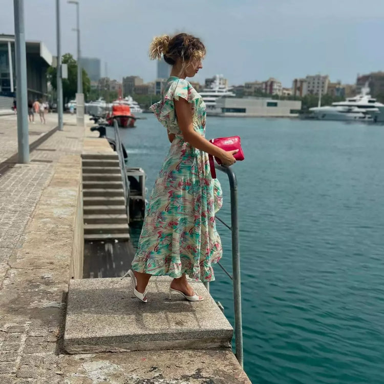 vestido largo de verano, vestido cruzado con volantes, vestido bohemio estampado, vestido 