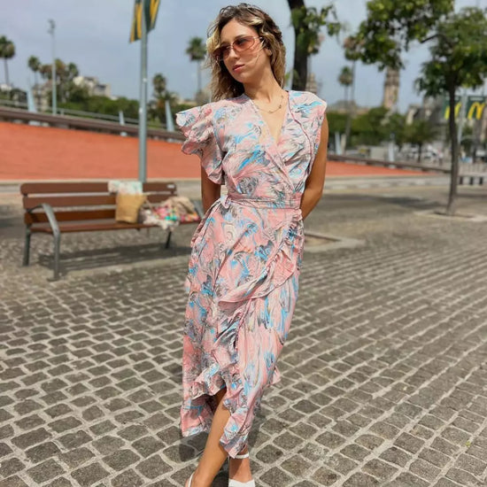 vestido largo de verano, vestido cruzado con volantes, vestido bohemio estampado, vestido rosa pastel de mujer.