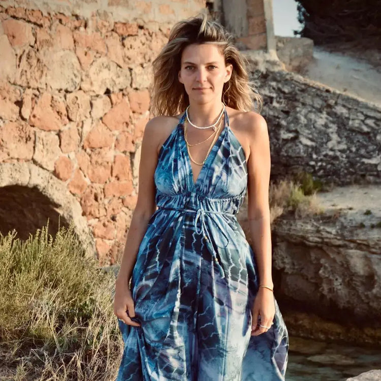 vestido bohemio largo con escote en la espalda mujer arena formentera