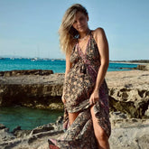 vestido bohemio largo con escote en la espalda mujer arena formentera